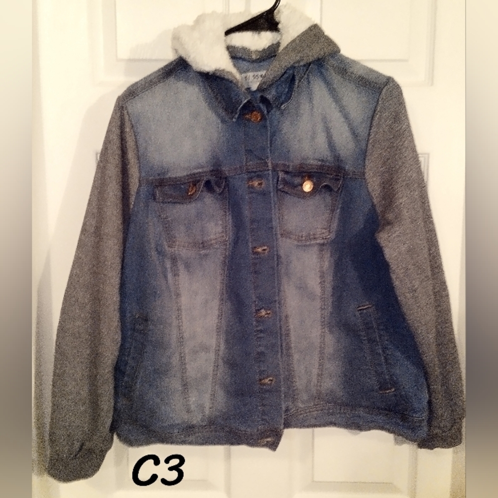 Ci Sono Collection Jean jacket with sweater sleeves and hood, Sz 1x
